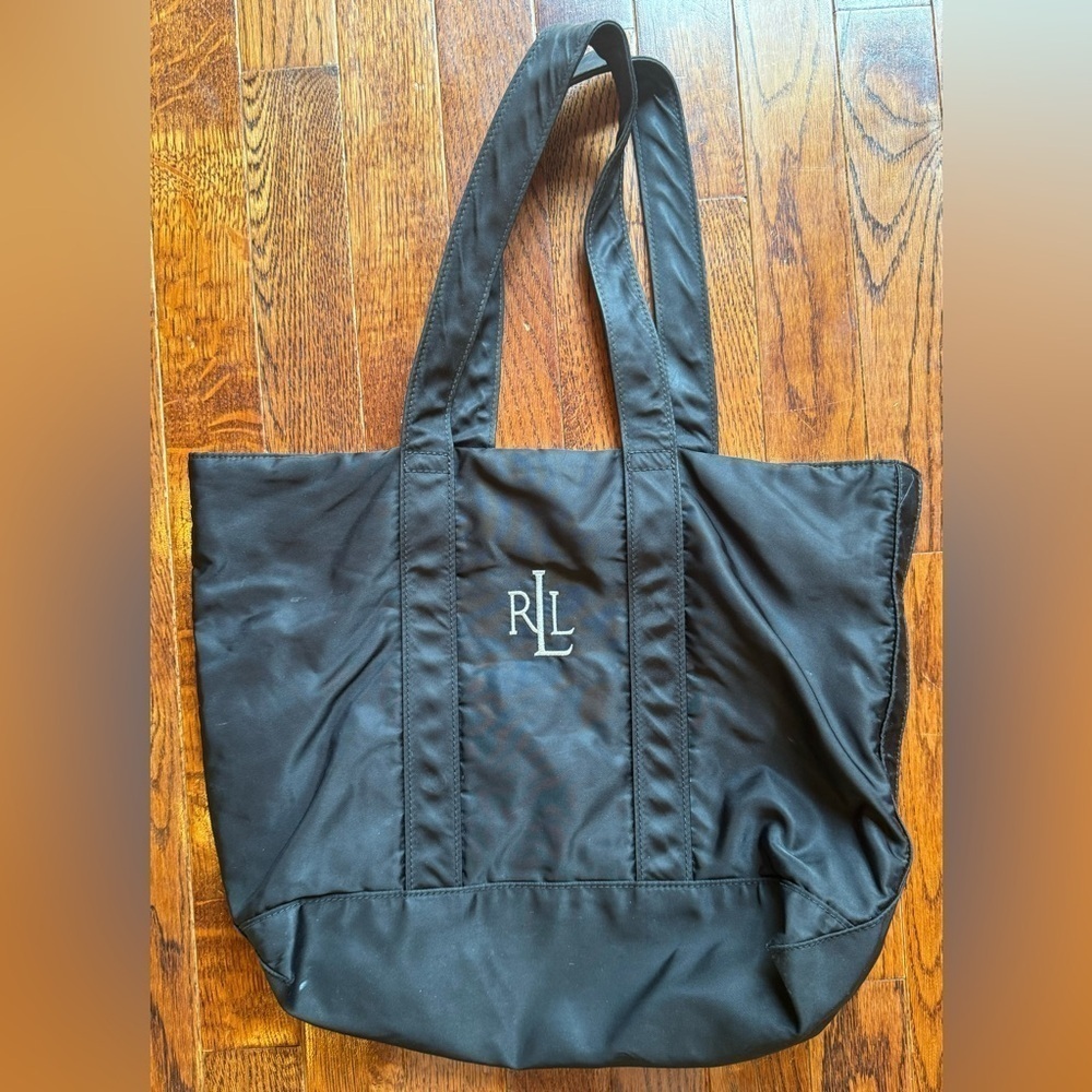 Lauren by Ralph Lauren Black Poly Tote Bag Silver Thread Logo Lots of Storage